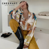 CHEERART Autumn Oversized Shirt Long Sleeve Blouse Women Button Up Oil Painting Loose Top Korean Fashion Clothing