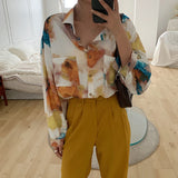 CHEERART Autumn Oversized Shirt Long Sleeve Blouse Women Button Up Oil Painting Loose Top Korean Fashion Clothing