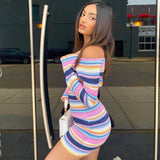 CUTENOVA Colorful Striped Knitted Sexy Dresses for Women Slash Neck Long Sleeve Skinny Slim Mini Dress Fall Y2k Clubwear Jurks