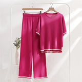 Two Piece Set Elegant Pants Sets Ice Knitted Summer Outfits For Women 2023 Short Sleeve Pajama Suit
