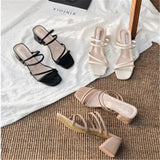Women Sandals Ladies Square Heels Elegant Summer Slippers Outside Cross Tied Leather Female Slides 2023 Fashion Woman Sandals