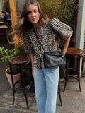 Lace Up Leopard Print Sweet Women's Blouse Bubble Sleeve Hollow Loose Fluffy Top 2024 Spring Summer New Fashion Casual Shirt