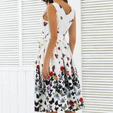 Crewneck sleeveless garden print women's pleated lace-up dress with playful cute mid-length dress