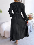 Women Elegant V Neck Long Sleeve Pleated Maxi Dress