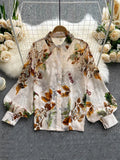 Spring Autumn Temperament Fashion Retro Chiffon Floral Blouses Print Loose Lapel Puff Sleeve Top Button Up Shirt Female GD611