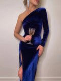 Women Elegant Long Sleeve Party Evening Velvet Bodycon Split Pencil Midi Dress 2024 Spring Autumn Clothes