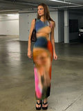 Hugcitar Tie Dye Print Ribbed Midi Dress For Women Summer Outfits Bodycon Side Slit Y2K Outfits Sexy Streetwear Long Dress