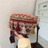 The New Bohemian Ethnic Style Wide Strap Braided All-in-one Tassel Bucket Slant Shoulder Bag for Women